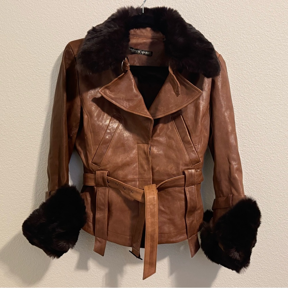 Andrew Marc leather jacket with fur trim